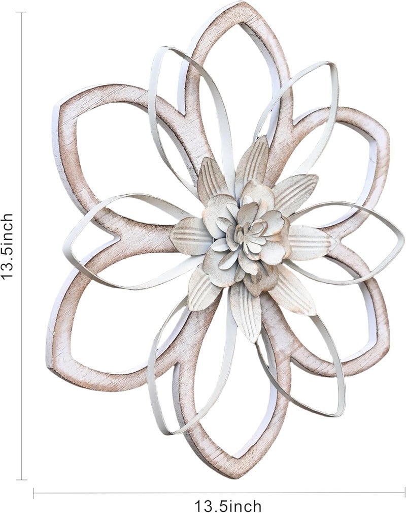Remenna Metal & Wood Flowers Wall Decor, Rustic Wall Art Decoration Farmhouse Wall Decorations Multiple Floral Hanging Decor for Bathroom Living Room Home Office Garden Kitchen White 12inch - Image 3
